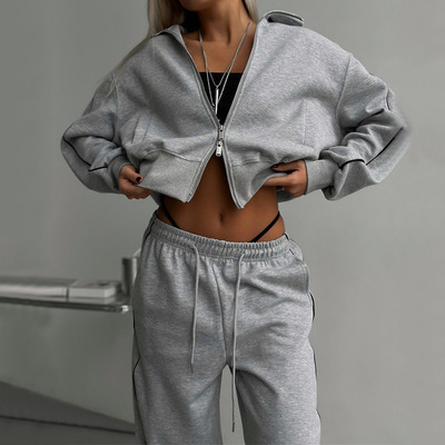 Women Outfit Tracksuit Sets欧美女士拉链开衫外套系绳长裤2件套