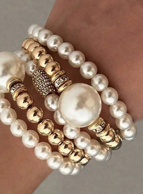 5pcs Bracelets Jewelry欧美仿珍珠手链5件套叠戴式创意手饰套装