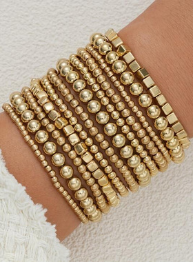 12pcs Bracelets Jewelry Sets欧美方块圆珠金色手链时尚气质手链