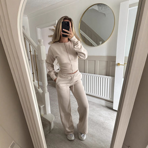 Women Tracksuit Outfit欧美女装时尚休闲套装拉链开衫直筒裤套装