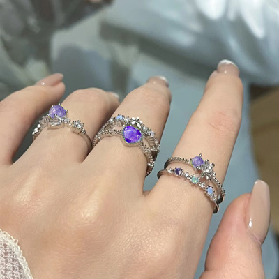 Ring Gift紫色爱心月光锆石开口戒指3件套女小众食指戒可调节指环