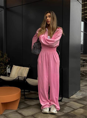 Women Jumpsuit欧美秋冬女装长袖连体裤休闲半开襟松紧腰连体套装