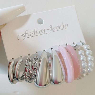 5pcs Earring Ear Stud Gifts简约C型链条仿珍珠树脂耳环时尚耳饰