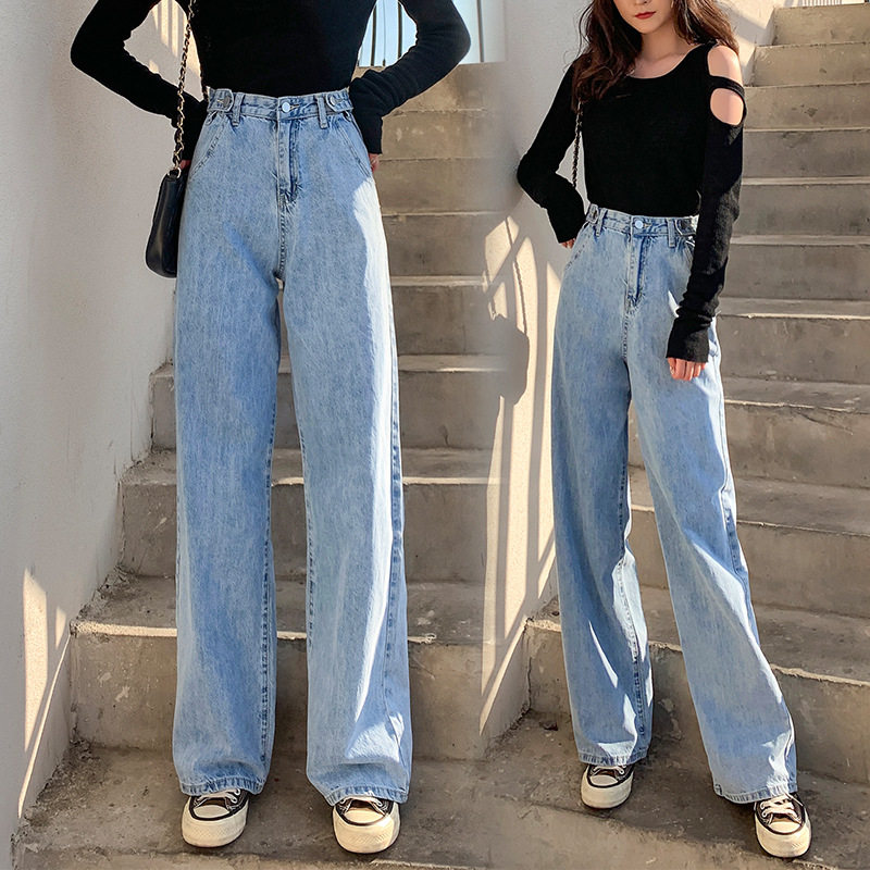 2026春秋高腰多扣宽松直筒百搭显瘦翘臀阔腿牛仔裤女Women Jeans