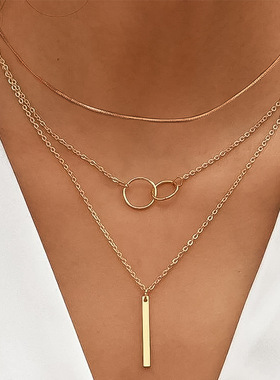 Necklace Gifts Jewelry Sets Choker蛇骨链金属竖条多层叠戴项链