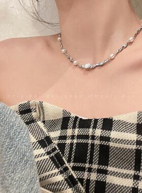 Women Necklace Choker简约冷淡甜酷仿珍珠锆石项链高级气质项链