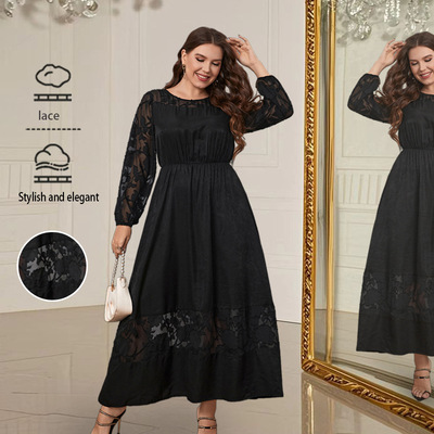 Women Dresses For Chubby Girl微胖过膝蕾丝连衣裙显瘦秋季长袖