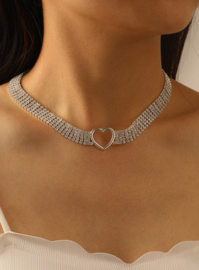Necklace Gifts Jewelry Choker时尚欧美镂空水钻爱心项链颈链女