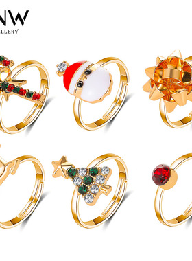 圣诞节饰品 可爱卡通麋鹿圣诞树戒指6件套滴油开口可调节指环