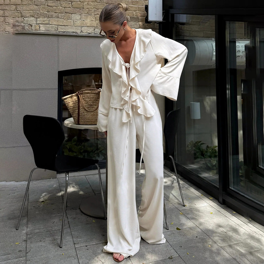 Women Outfits Fashion秋季V领荷叶边长袖衬衫高腰阔腿裤两件套