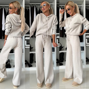 Women Sweater Outfit休闲套装纯色连帽长袖卫衣系绳阔腿裤二件套
