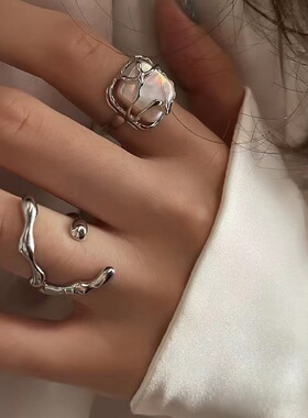 Women Ring Gift不规则仿珍珠戒指2件套冷淡戒指开口可调节食指戒