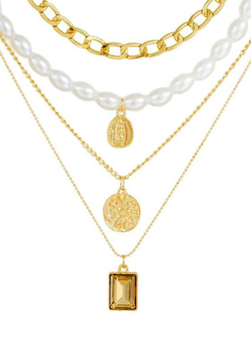 Choker Necklace饰品欧美复古银币宝石珍珠四层项链潮流项饰项饰