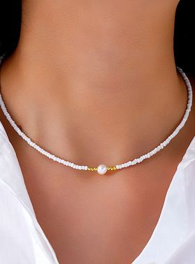 Choker欧美时尚沙滩休闲简约气质个性仿珍珠米珠项链法式女锁骨链