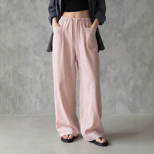 Women Sweater Pant Long Trouser欧美女阔腿高腰宽松系带休闲裤