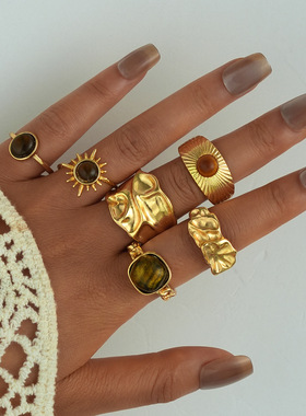 Ring Set复古虎眼石项链美拉德显瘦戒指波西米亚戒指轻奢小众配饰