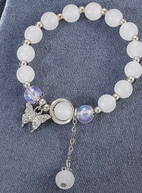 Bracelets Gifts欧美简约猫眼石串珠手链创意ins风蓝月光蝴蝶吊坠
