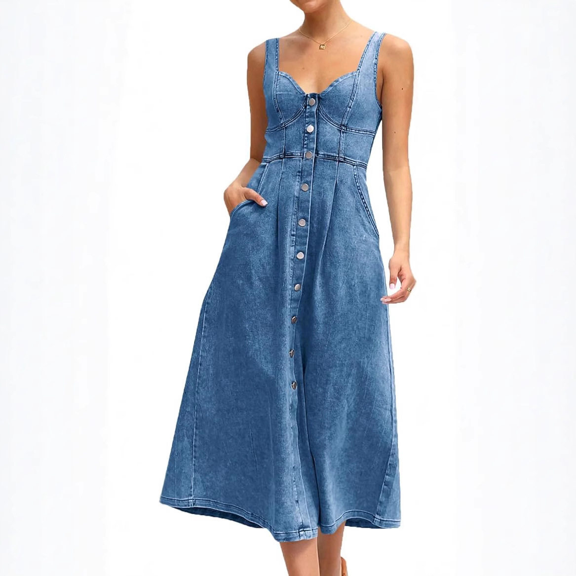 Women Denim Dresses欧美女蓝色牛仔做旧背带单排纽扣中长连衣裙