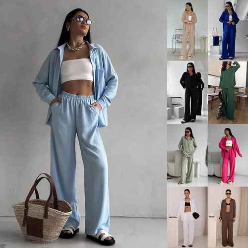 女套装欧美纯色开衫口袋休闲阔腿长裤Women Outfit Cardigan+Pant