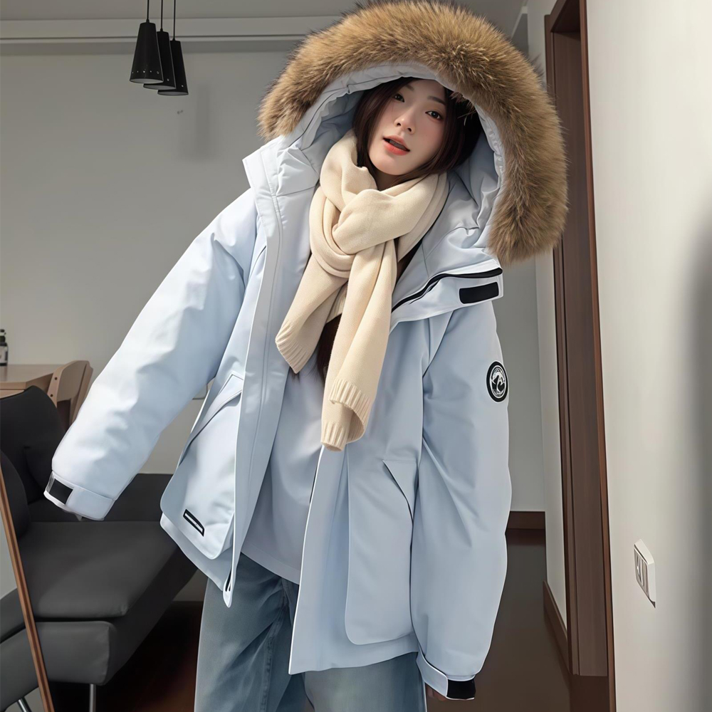 工装派克服羽绒服连帽大毛领女