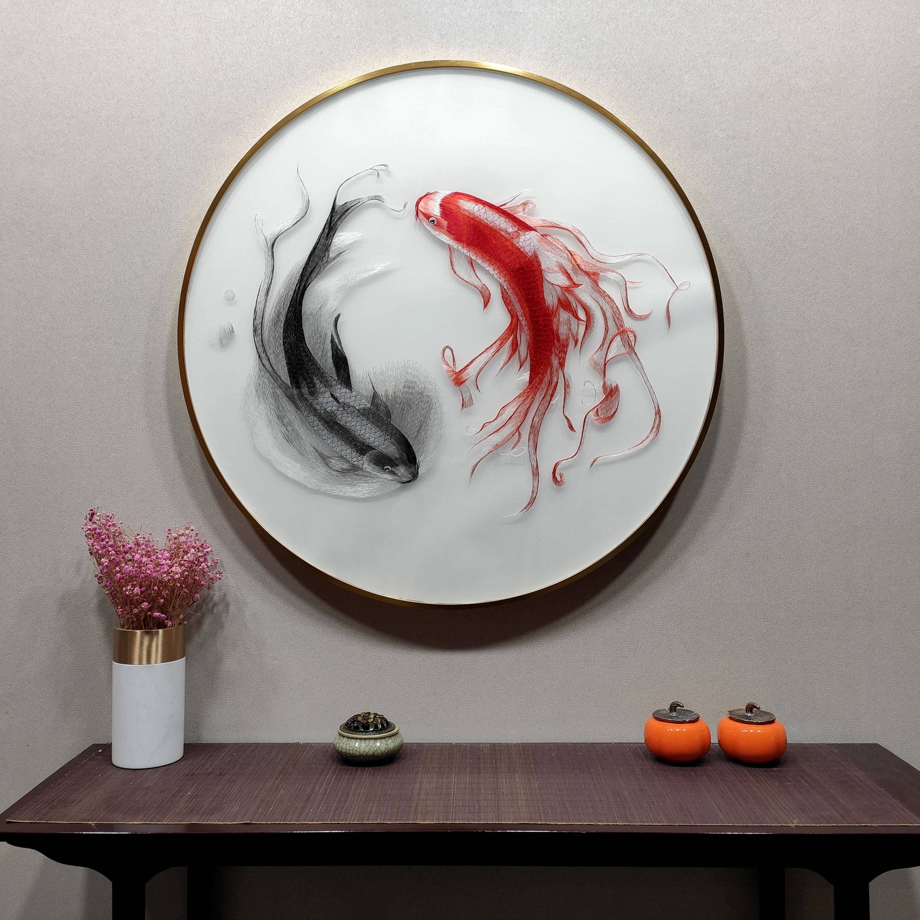 湘绣手工刺绣客厅成品挂画新中式现代风格圆形太极鱼玄关蜀绣苏绣