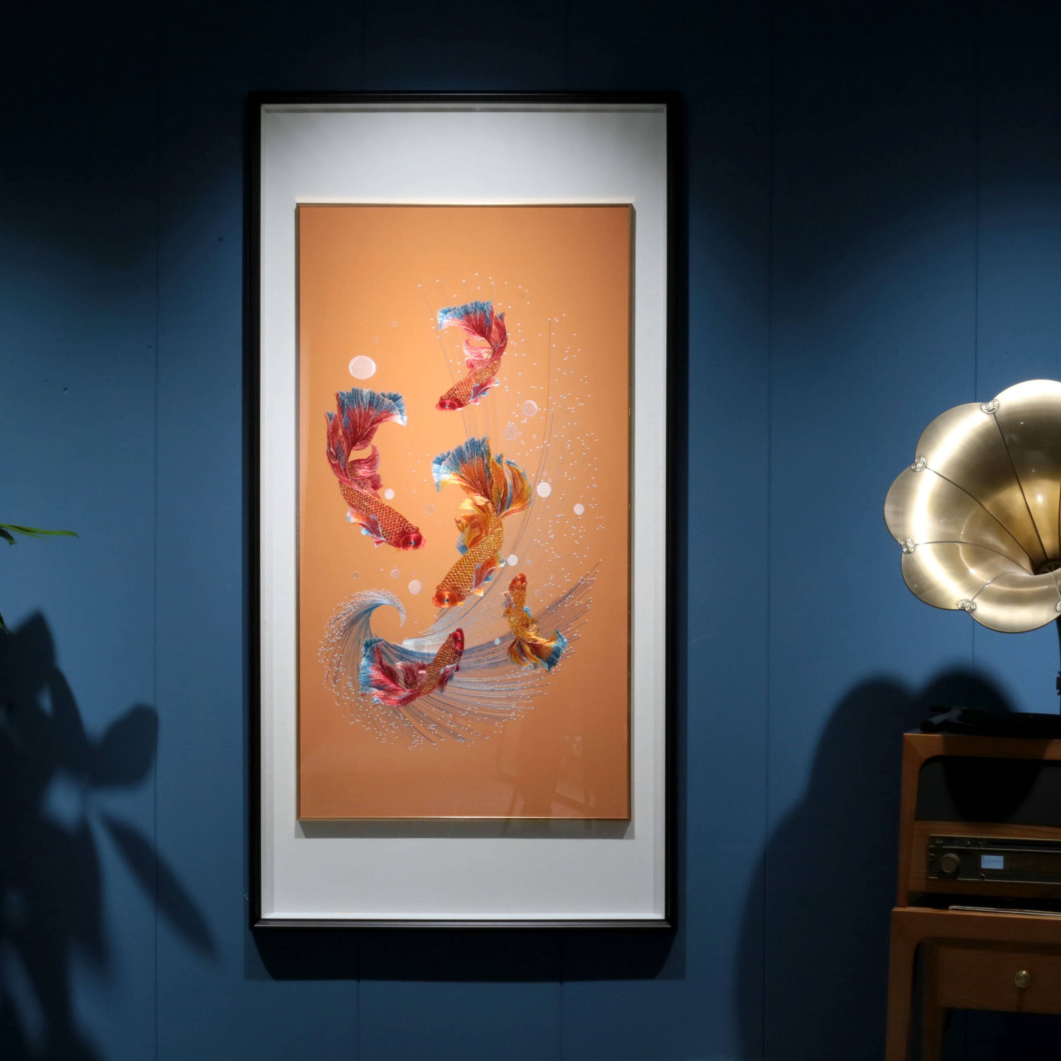 湘绣挂画锦鲤图手工刺绣苏绣玄关走廊过道客厅端景竖版蜀绣装饰画