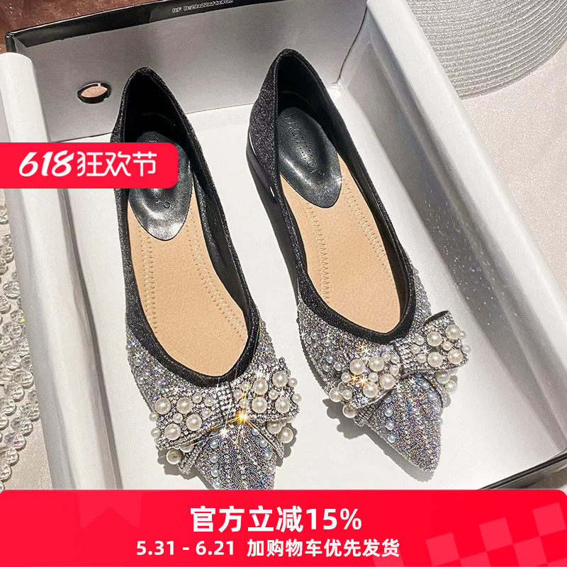 春季尖头绝美不累脚小单鞋女粗跟浅口水钻珍珠蝴蝶结四季软底女鞋