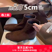 25爆款 加绒弹力瘦瘦靴女 棕色小个子内增高方头靴绒面粗跟短靴法式