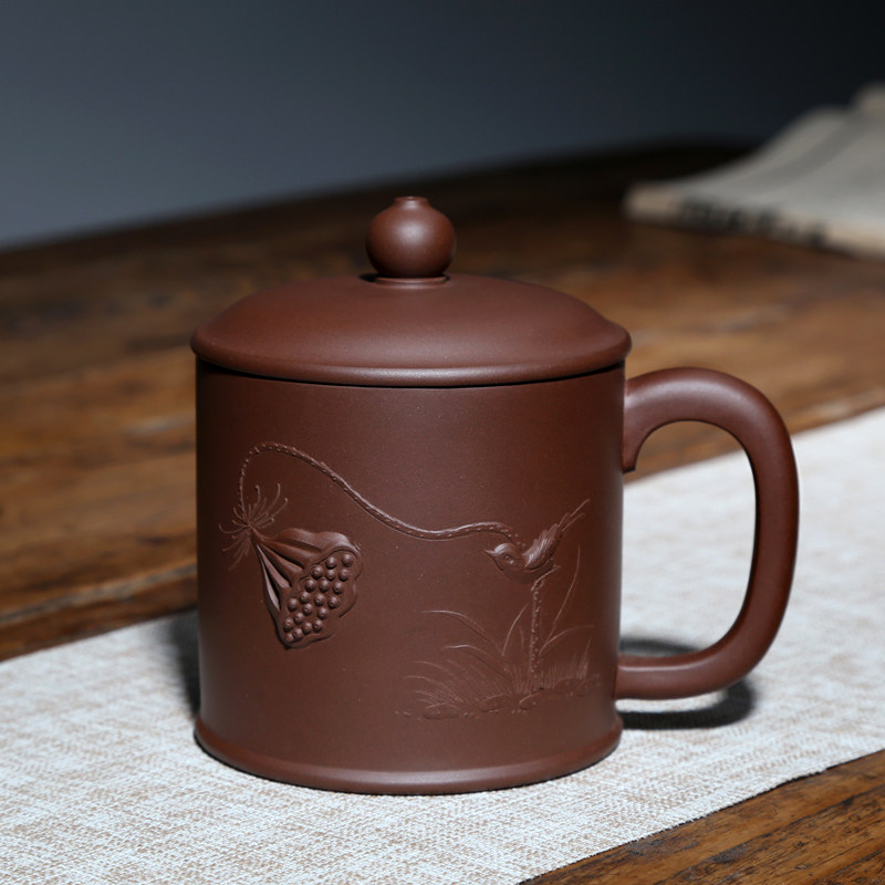 宜兴原矿紫砂杯纯全手工杯茶杯紫泥盖杯男女士杯子水杯490毫升杯