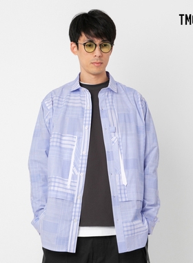 TMCAZ Wide Spread Collar Shirt山系蓝色不规则格子宽松长袖衬衫