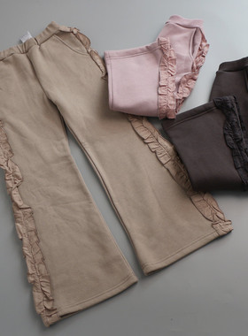 女童秋冬加绒裤2025新款洋气蕾丝花边拼接薄绒阔腿裤长裤100-150