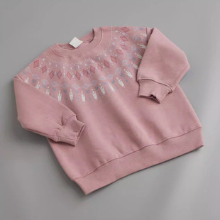 160 女童秋冬粉色项圈印花加绒保暖卫衣 儿童圆领宽松套头衫