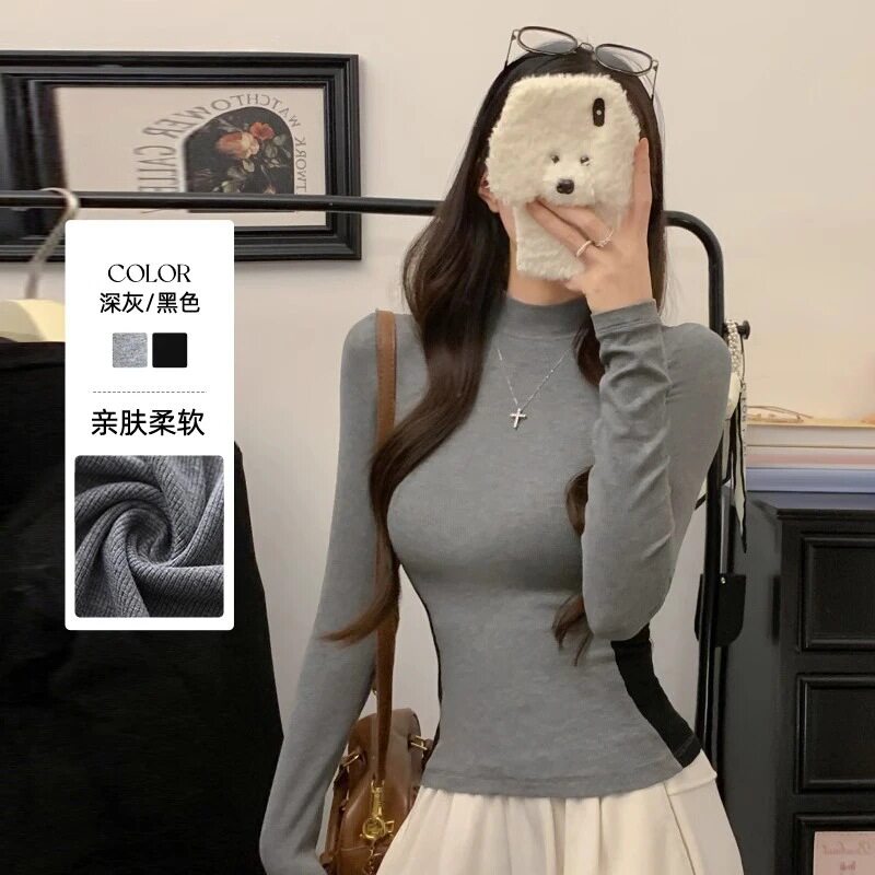 辣妹半高领拼色长袖t恤女2026秋冬修身打底衫内搭收腰上衣打底衫