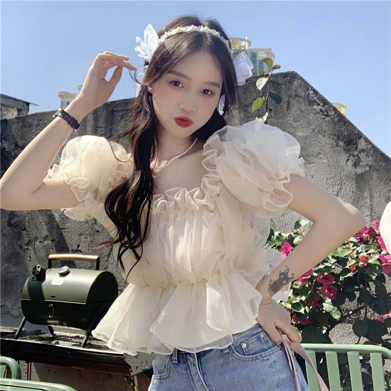 一字肩雪纺衫女装夏季辣妹设计感小众法式泡泡袖甜美别致短款上衣