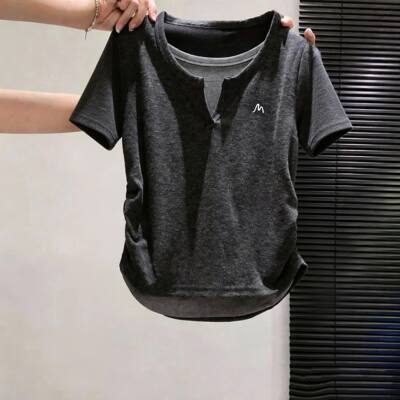 灰色假两件正肩圆领短袖T恤女夏季宽松慵懒风叠穿休闲设计感上衣