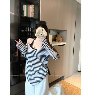 慵懒风条纹长袖T恤女夏季薄款宽松斜肩防晒罩衫+纯色挂脖吊带上衣