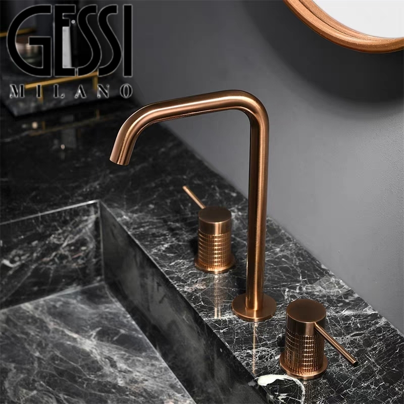 意大利gessi捷仕三孔台盆拉丝玫瑰金水龙头全铜冷热面盆分体龙头