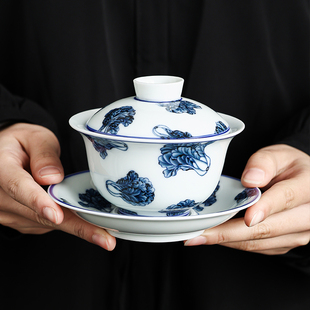 盖碗三才泡茶茶杯青花瓷釉下彩百财大容量白瓷中式 高端功夫茶具