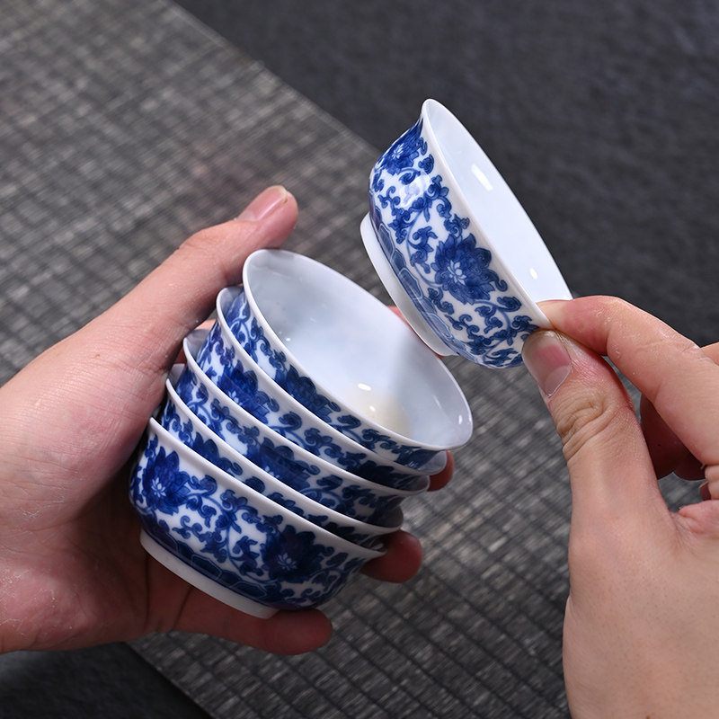 品茗杯青花瓷大茶杯功夫茶具白瓷薄胎陶瓷主人单杯复古山水釉下彩,餐饮具,茶杯,淘宝优惠券,粉丝福利购,淘宝优惠卷