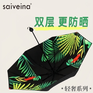 赛维纳防晒伞防紫外线遮阳双层黑胶小黑伞三折女生高颜值晴雨两用