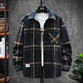 毛呢衬衣 男磨毛宽松潮牌休闲外套秋冬季 复古格子加厚保暖长袖 衬衫
