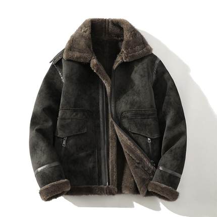 皮夹克2024冬季新款皮毛一体麂皮绒羊羔毛外套男加绒加厚机车服潮
