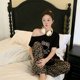 新款 卡通时尚 豹纹短袖 带胸垫纯棉女士睡衣春夏季 长裤 家居服两件套