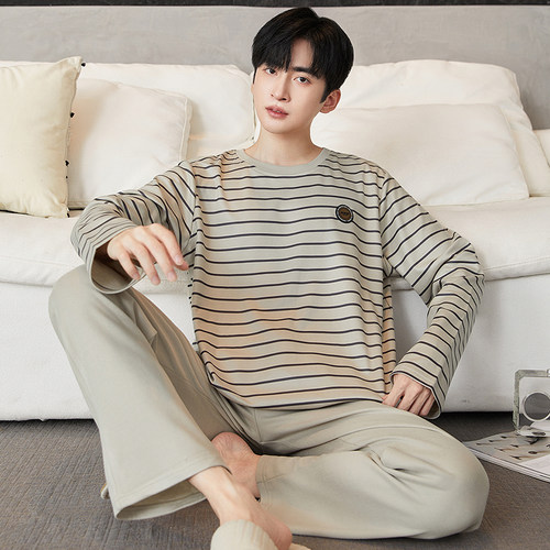 德绒睡衣男冬季新款保暖长袖长裤简约条纹羊毛绒家居服套装可外穿