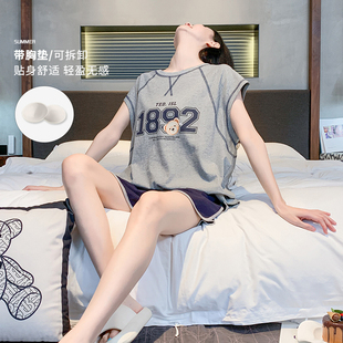 薄款 新款 带胸垫睡衣女夏季 纯棉背心短裤 家居服可外穿宽松大码 套装