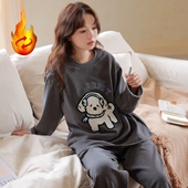 新款 德绒保暖磨毛圆领长袖 长裤 女士睡衣秋冬季 卡通可爱家居服套装
