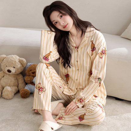 卡通可爱纯棉女士睡衣秋冬季新款长袖长裤开衫家居服可外穿两件套