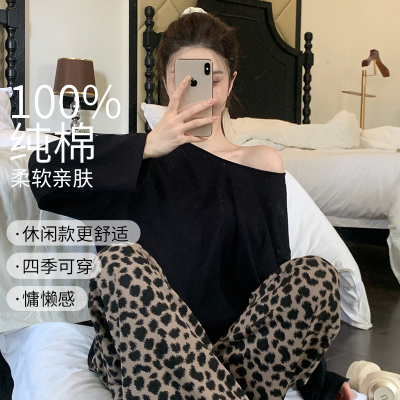 带胸垫女士睡衣春秋季纯棉长袖长裤时尚豹纹大码可外穿家居服套装