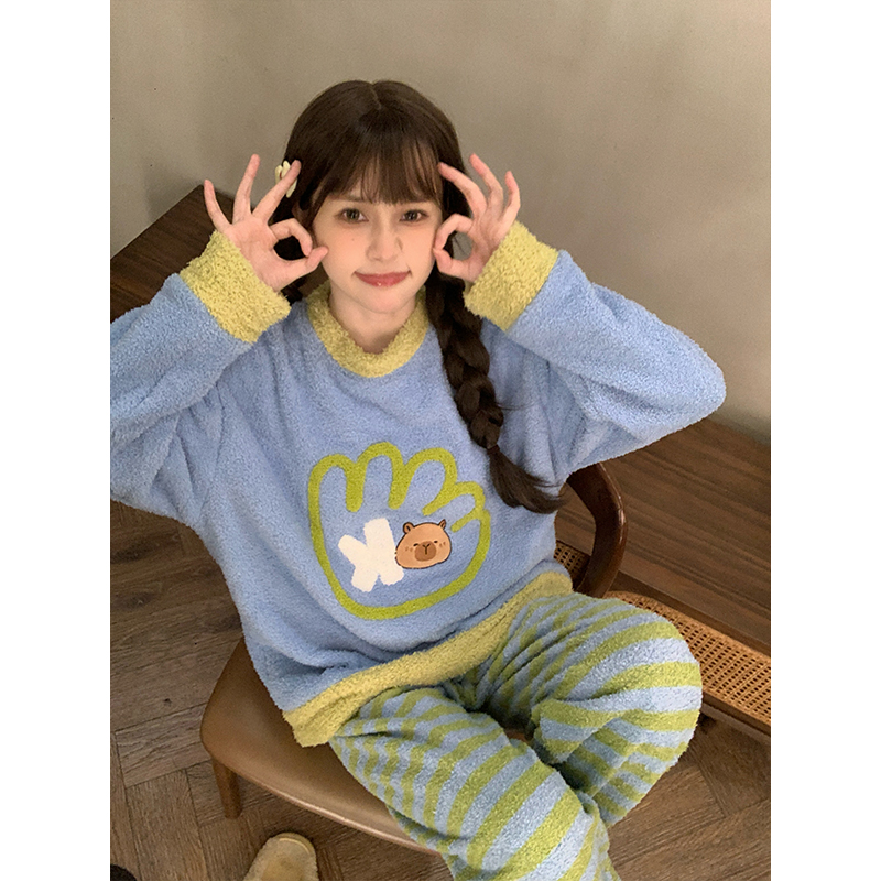 女士睡衣冬季新款半边绒保暖加厚简约长袖长裤可外穿家居服套装