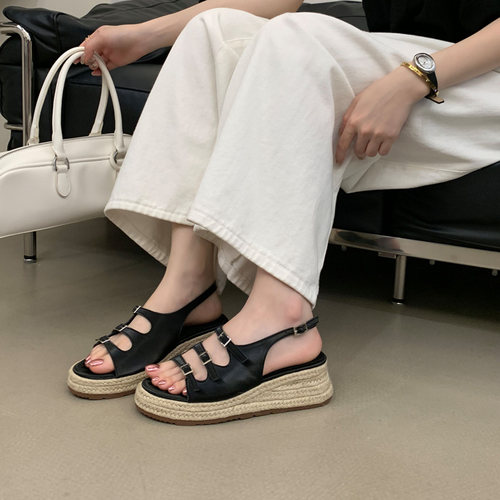 厚底坡跟编织皮带扣露趾罗马凉鞋